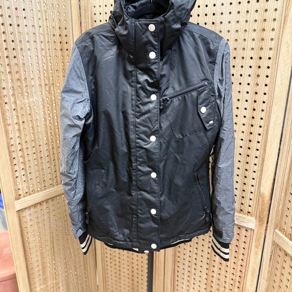 CORE Women's Black Hooded Jacket with Gray Sleeves, Water Resistant - Picture 1 of 5